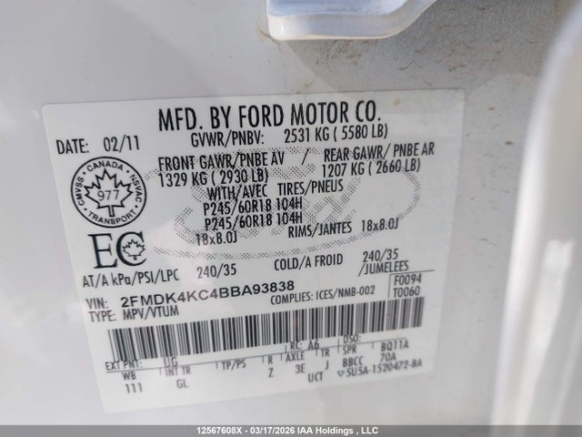 Продажа на аукционе авто 2011 Ford Edge Limited, vin: 2FMDK4KC4BBA93838, номер лота: 12567608
