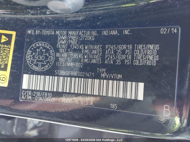 2014 Toyota Highlander Le მანქანა იყიდება აუქციონზე, vin: 5TDBKRFH9ES021471, აუქციონის ნომერი: 12571639