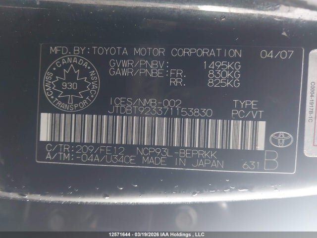 Aukcja sprzedaży 2007 Toyota Yaris, vin: JTDBT923371153830, numer aukcji: 12571644