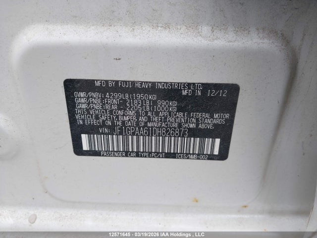 Продажа на аукционе авто 2013 Subaru Impreza 2.0i, vin: JF1GPAA61DH826873, номер лота: 12571645