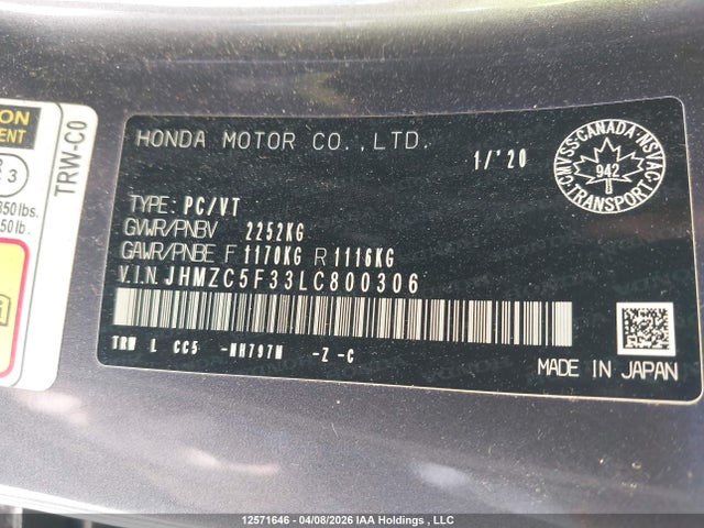 Aukcja sprzedaży 2020 Honda Clarity Touring, vin: JHMZC5F33LC800306, numer aukcji: 12571646