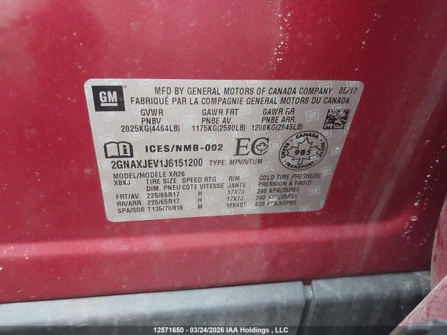 Продаж на аукціоні авто 2018 Chevrolet Equinox, vin: 2GNAXJEV1J6151200, номер лоту: 12571650