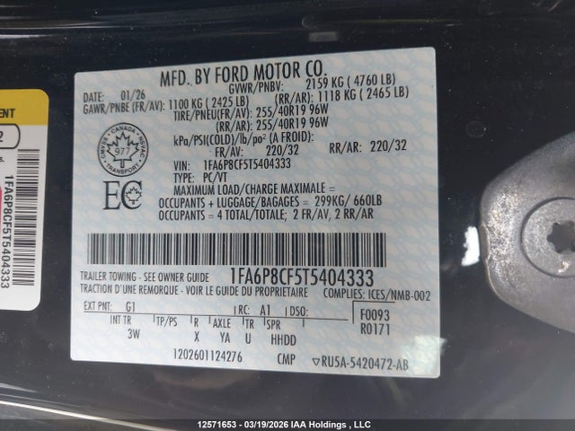 12571653 :رقم المزاد ، 1FA6P8CF5T5404333 vin ، 2026 Ford Mustang Gt Premium مزاد بيع