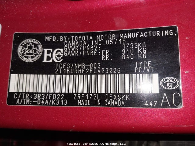 Aukcja sprzedaży 2015 Toyota Corolla S, vin: 2T1BURHE2FC423226, numer aukcji: 12571655