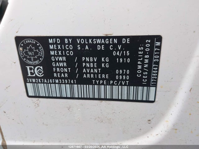 12571667 :رقم المزاد ، 3VW2K7AJ6FM339741 vin ، 2015 Volkswagen Jetta 2.0l Trendline/2.0l Trendline+ مزاد بيع