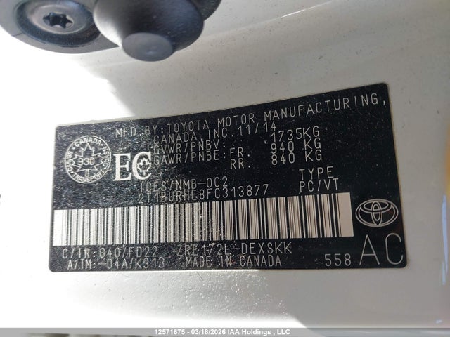 12571675 :رقم المزاد ، 2T1BURHE8FC313877 vin ، 2015 Toyota Corolla S مزاد بيع