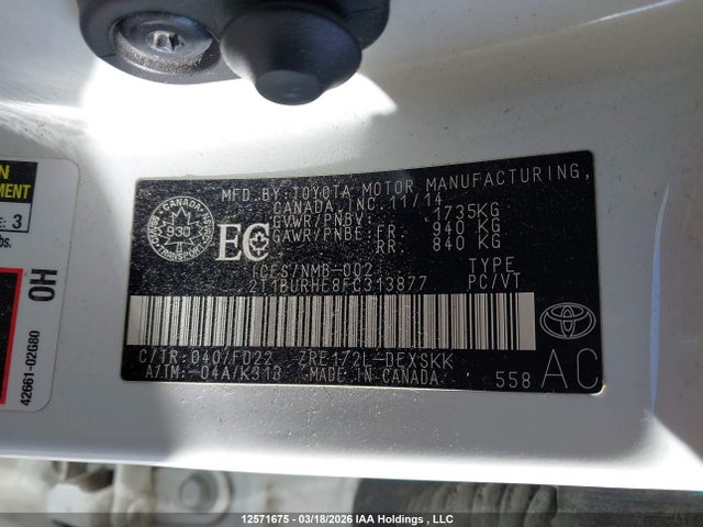 12571675 :رقم المزاد ، 2T1BURHE8FC313877 vin ، 2015 Toyota Corolla S مزاد بيع