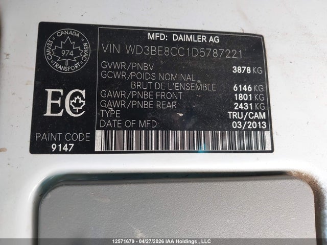 Aukcja sprzedaży 2013 Mercedes-benz Sprinter Van, vin: WD3BE8CC1D5787221, numer aukcji: 12571679