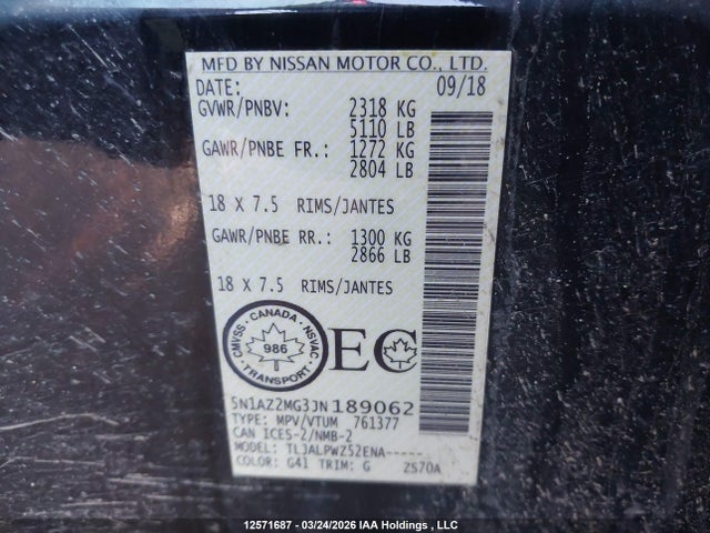 5N1AZ2MG3JN189062 Nissan Murano