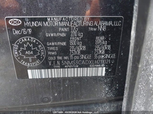 5NMS3CADXLH211021 Hyundai Santa Fe Preferred Awd With Sun And Leather Package