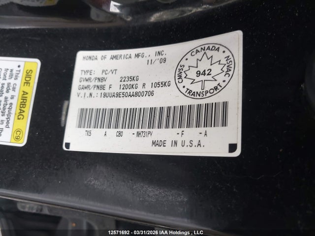 12571692 :رقم المزاد ، 19UUA9E50AA800706 vin ، 2010 Acura Tl مزاد بيع