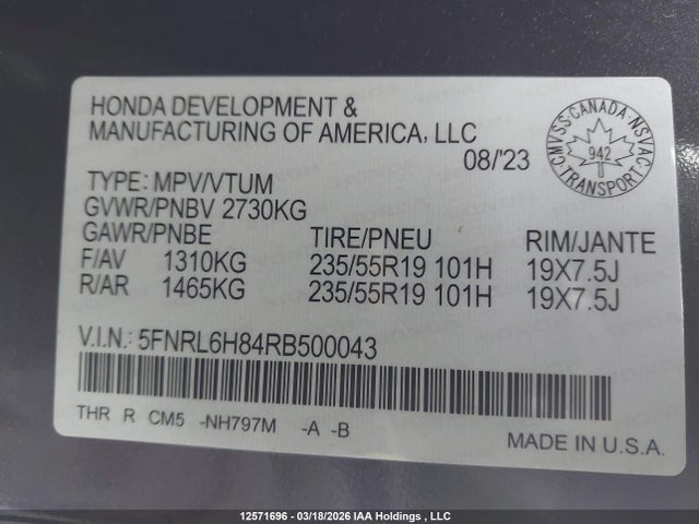 Продаж на аукціоні авто 2024 Honda Odyssey Touring, vin: 5FNRL6H84RB500043, номер лоту: 12571696