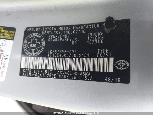 Aukcja sprzedaży 2007 Toyota Camry Le/se, vin: 4T1BE46K67U002151, numer aukcji: 12571707