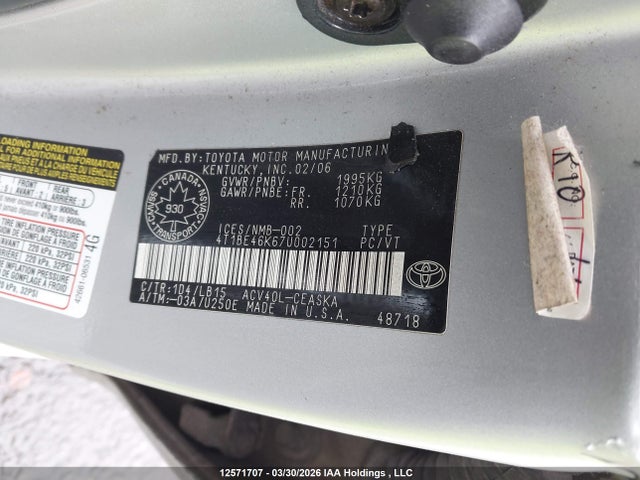 Aukcja sprzedaży 2007 Toyota Camry Le/se, vin: 4T1BE46K67U002151, numer aukcji: 12571707