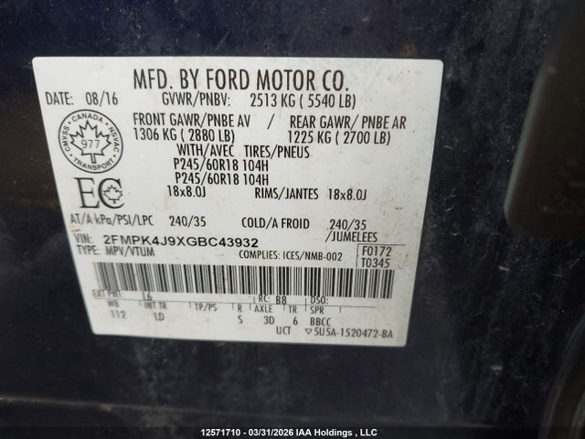 2016 Ford Edge Sel მანქანა იყიდება აუქციონზე, vin: 2FMPK4J9XGBC43932, აუქციონის ნომერი: 12571710