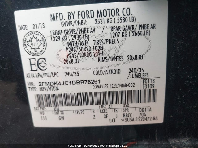 2013 Ford Edge Sel მანქანა იყიდება აუქციონზე, vin: 2FMDK4JC1DBB76261, აუქციონის ნომერი: 12571724