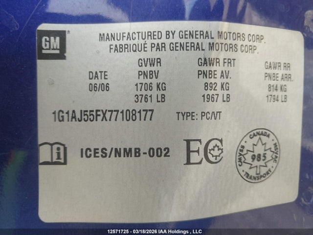 Aukcja sprzedaży 2007 Chevrolet Cobalt Ls, vin: 1G1AJ55FX77108177, numer aukcji: 12571725