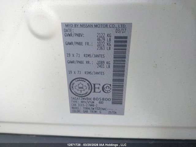5N1AT2MV8HC805800 Nissan Rogue Sv/sl