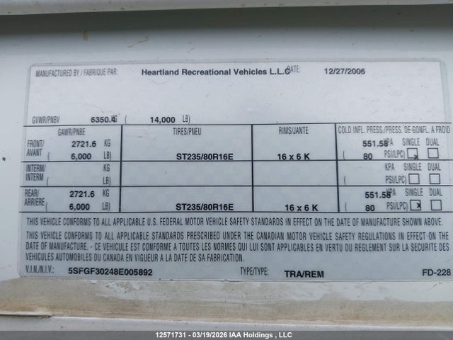 Продажа на аукционе авто 2008 Bighorn Heartland 5th Wheel, vin: 5SFGF30248E005892, номер лота: 12571731