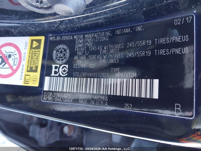 5TDJZRFHXHS512921 Toyota Highlander Xle