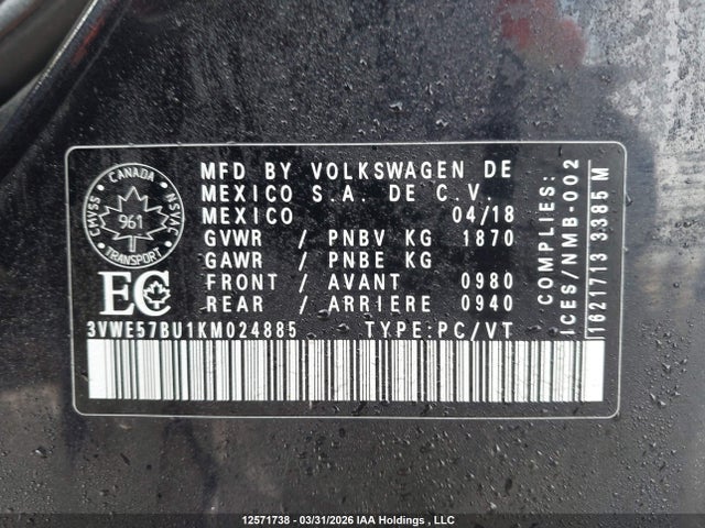 2019 Volkswagen Jetta 1.4 Tsi Highline მანქანა იყიდება აუქციონზე, vin: 3VWE57BU1KM024885, აუქციონის ნომერი: 12571738