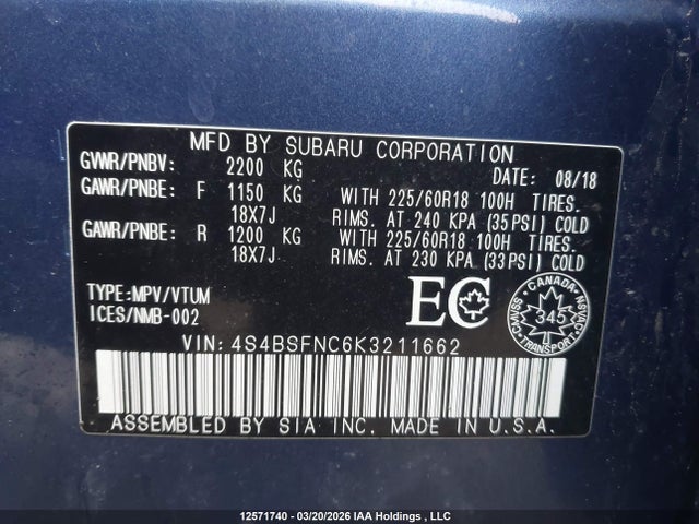 4S4BSFNC6K3211662 Subaru Outback 3.6r Limited