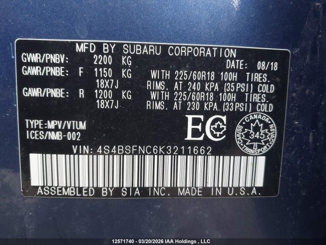 4S4BSFNC6K3211662 Subaru Outback 3.6r Limited