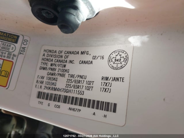 Aukcja sprzedaży 2016 Honda Cr-v Ex-l, vin: 2HKRM4H70GH111553, numer aukcji: 12571752