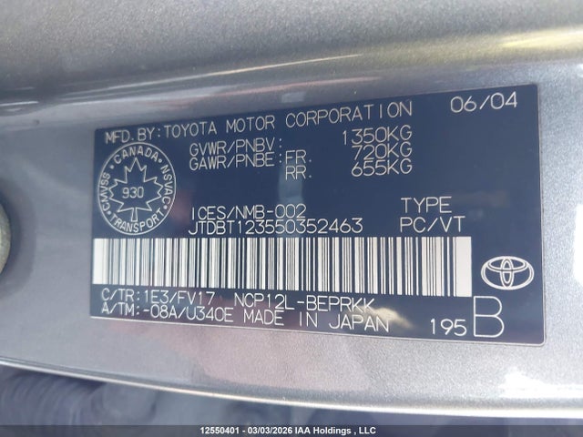 Aukcja sprzedaży 2005 Toyota Echo, vin: JTDBT123550352463, numer aukcji: 12550401