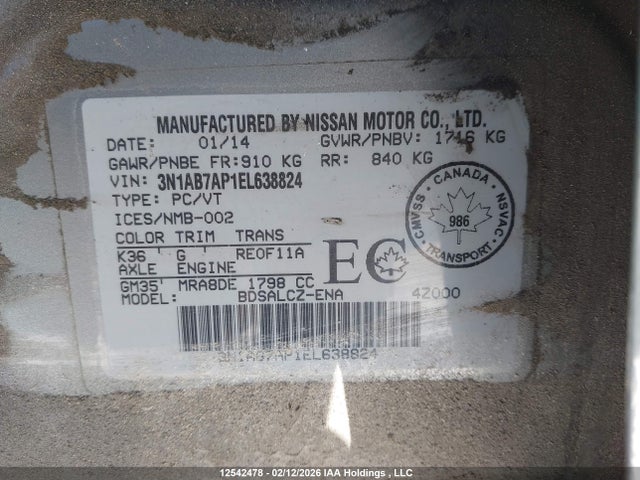 3N1AB7AP1EL638824 Nissan Sentra 1.8 S/1.8 Sl/1.8 Sr/1.8 Sv