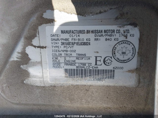 3N1AB7AP1EL638824 Nissan Sentra 1.8 S/1.8 Sl/1.8 Sr/1.8 Sv