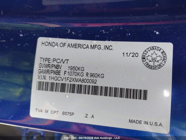 Продаж на аукціоні авто 2021 Honda Accord Sedan, vin: 1HGCV1F2XMA800092, номер лоту: 12571763