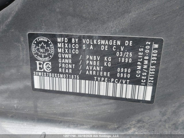 2025 Volkswagen Jetta Comfortline მანქანა იყიდება აუქციონზე, vin: 3VWEX7BUXSM071875, აუქციონის ნომერი: 12571768