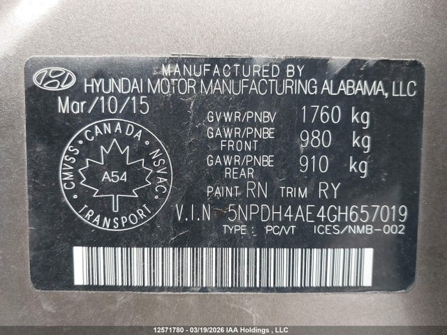 5NPDH4AE4GH657019 Hyundai Elantra Se/sport/limited
