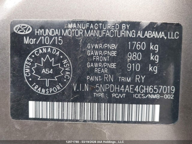 5NPDH4AE4GH657019 Hyundai Elantra Se/sport/limited