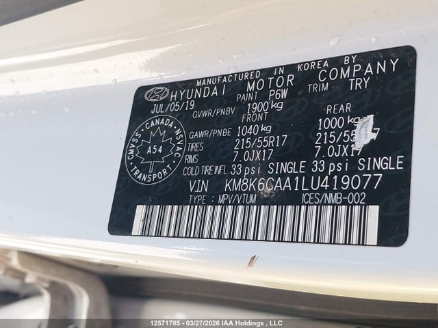 Aukcja sprzedaży 2020 Hyundai Kona Luxury Awd, vin: KM8K6CAA1LU419077, numer aukcji: 12571785