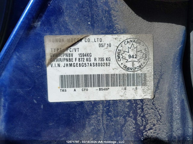 2010 Honda Fit Lx მანქანა იყიდება აუქციონზე, vin: JHMGE8G57AS800282, აუქციონის ნომერი: 12571797