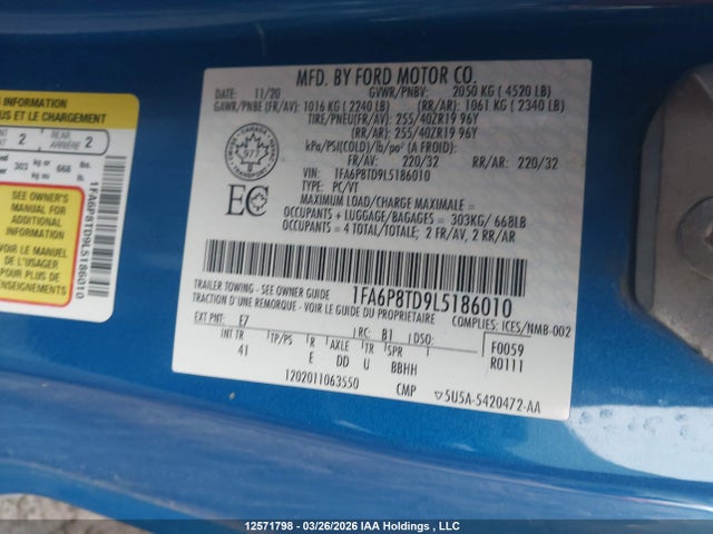 2020 Ford Mustang Ecoboost Premium მანქანა იყიდება აუქციონზე, vin: 1FA6P8TD9L5186010, აუქციონის ნომერი: 12571798