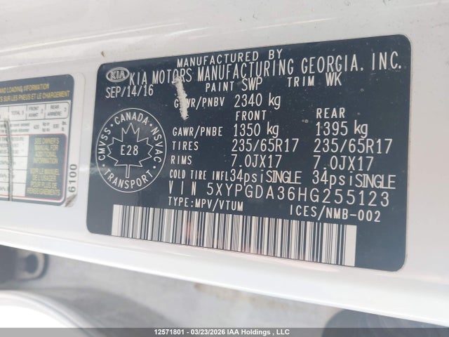 5XYPGDA36HG255123 KIA Sorento Lx/l