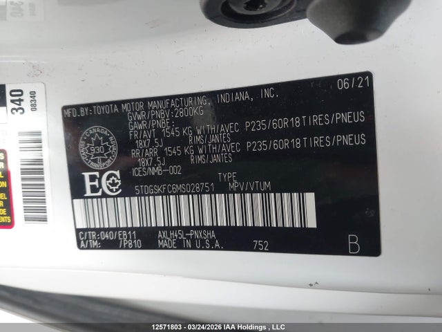 5TDGSKFC6MS028751 Toyota Sienna Le/xle/xse/limited/platinum