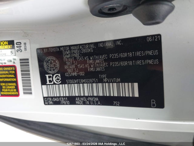 5TDGSKFC6MS028751 Toyota Sienna Le/xle/xse/limited/platinum