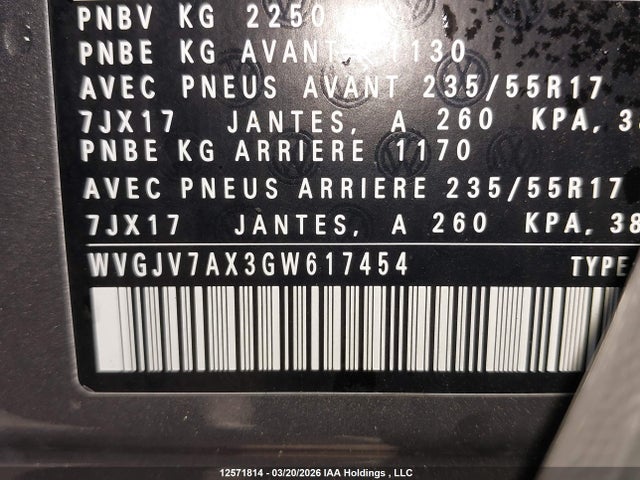 WVGJV7AX3GW617454 Volkswagen Tiguan Comfortline/highline/special Edition