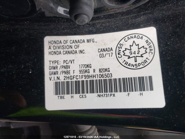 Продажа на аукционе авто 2017 Honda Civic Touring, vin: 2HGFC1F99HH106503, номер лота: 12571815
