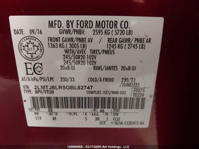 Lincoln Mkx Reserve 2016 2LMTJ8LR5GBL82747 Image 9