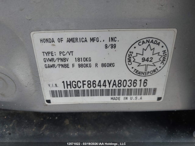 Aukcja sprzedaży 2000 Honda Accord Dx, vin: 1HGCF8644YA803616, numer aukcji: 12571822