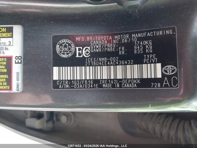 12571833 :رقم المزاد ، 2T1BU4EE4AC436432 vin ، 2010 Toyota Corolla S/le/xle مزاد بيع