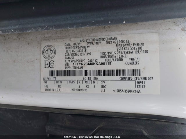 12571847 :رقم المزاد ، 1FTYR2CM8KKA90119 vin ، 2019 Ford Transit T-250 مزاد بيع
