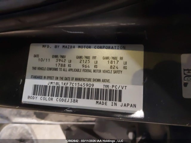 12562642 :رقم المزاد ، JM1BL1KF7C1545909 vin ، 2012 Mazda Mazda3 Gx مزاد بيع