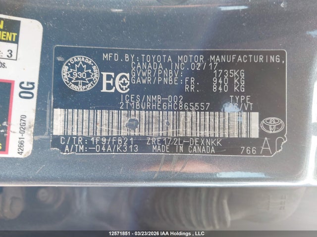2T1BURHE6HC865557 Toyota COROLLA LE