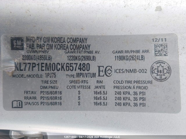 12571853 :رقم المزاد ، KL77P1EM0CK657480 vin ، 2012 Chevrolet Orlando Ls مزاد بيع